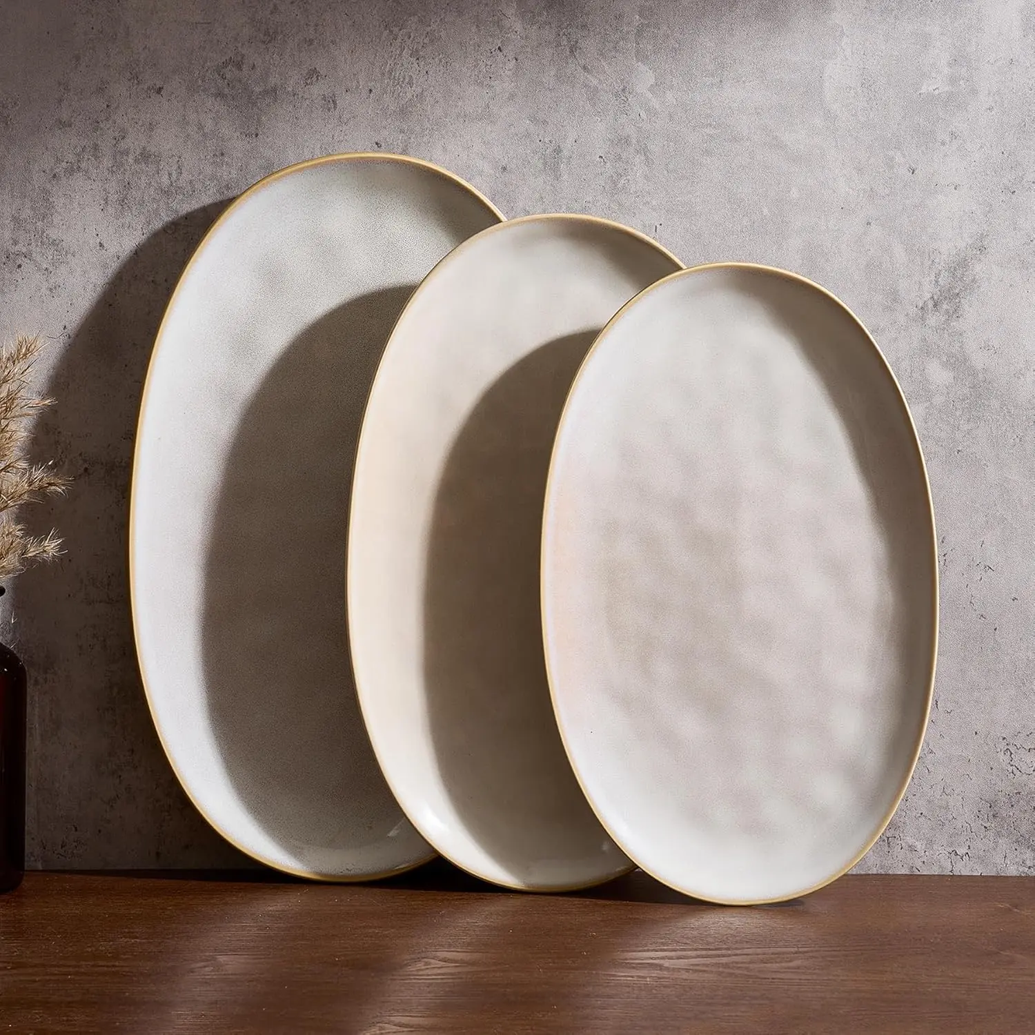 Oval 15.59/14.3/12.9 inch Serving Platter, Serving Dishes for Entertaining, Serving Bowls, Microwave Safe, Stonware Serving Trays for Party, Turkey, Cheese, Ocean Series, Cappuccino White