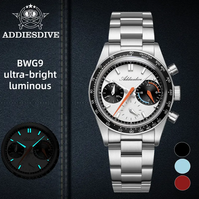 ADDIESDIVE Men's Analog Quartz Watch - Japan VK63 Drive, Panda Dial, 100m Waterproof, Luminous Stainless Steel Buckle, Calendar, Chronograph, Instant Reset, Mineral Glass, Blue Eye Casual Business Wristwatch