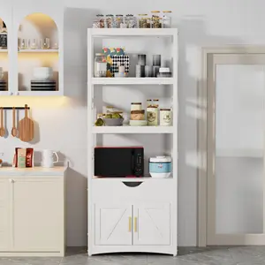 VECELO Kitchen Pantry Cabinet with Power Outlet and USB Charging, Freestanding Microwave Oven Rack, Multi-Storage Organizer for Kitchen, Dining Room