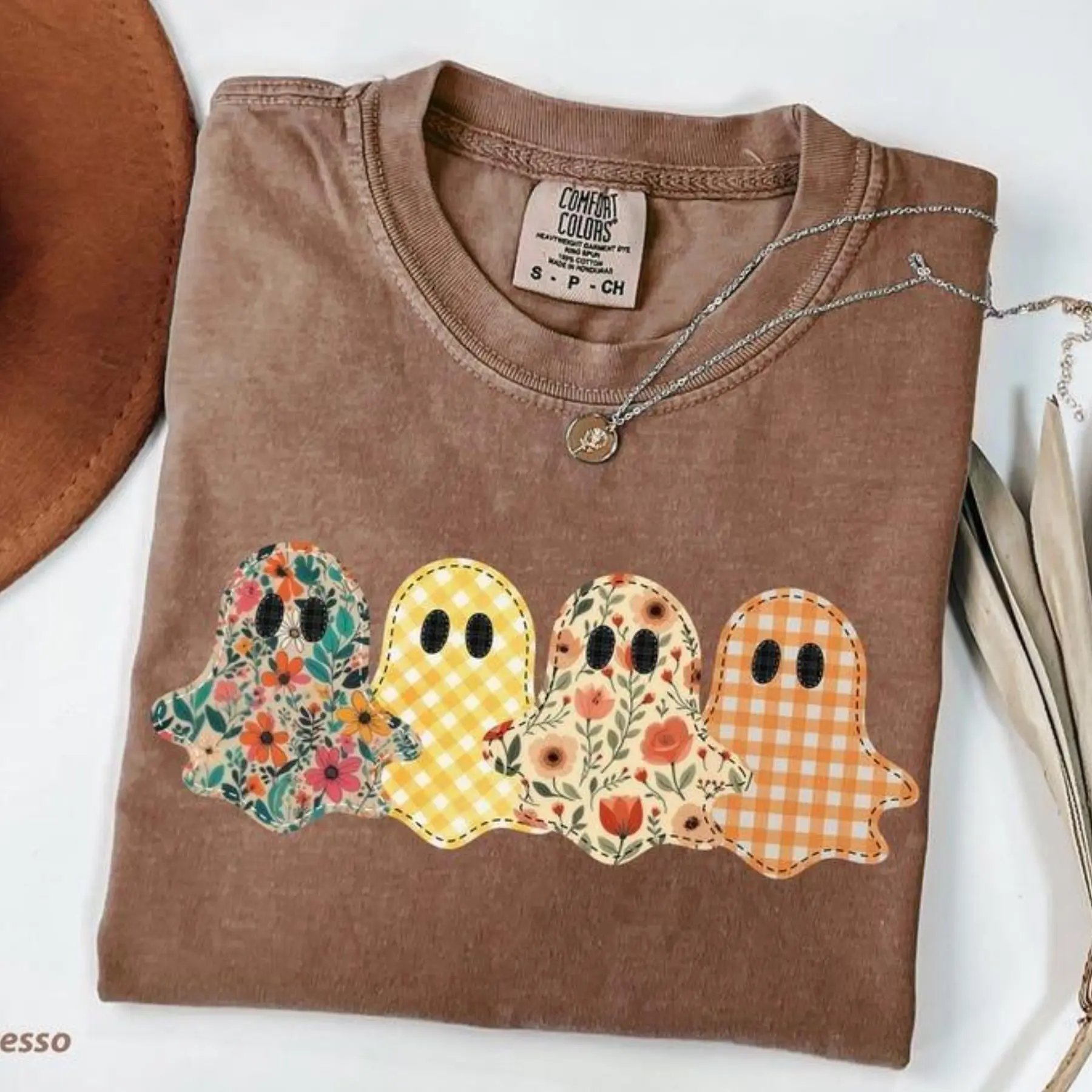 PRINT Comfort Colors Spooky Season Ghost Vintage T-shirt Floral Patchwork Style Print Tee Preppy Fall Pumpkin Retro Spooky Tee , For Woman, Womenswear's Top Vintage