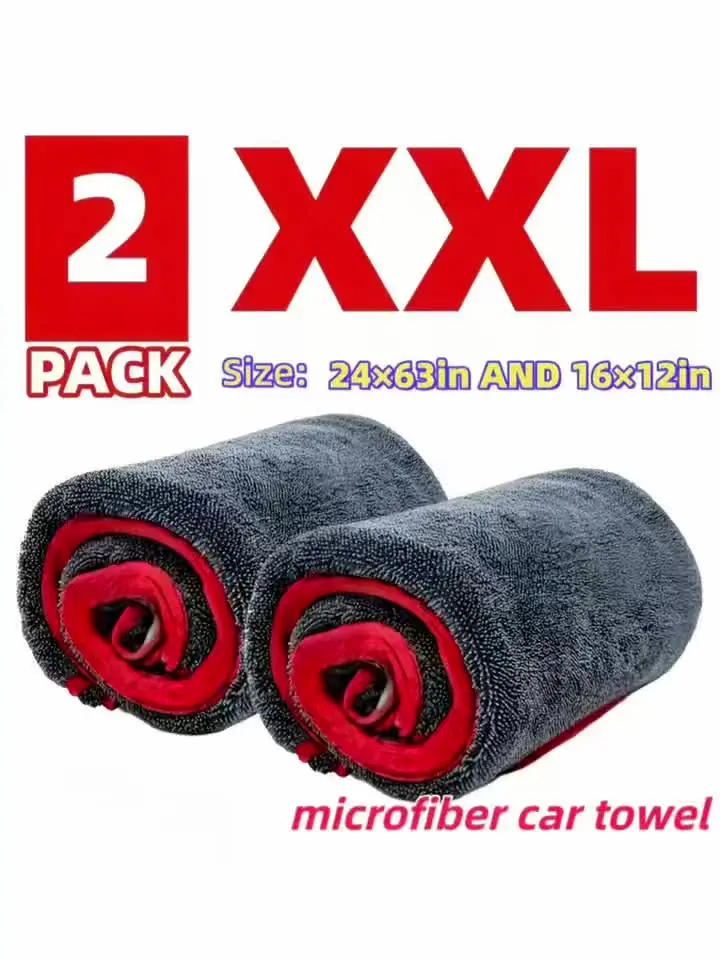 2pcs XXL Extra Large Microfiber Drying Towel With Twist Ring Design - Super Absorbent Thickened Technology Suitable For Cars, Trucks, Boats - Red And Gray Detail Cloth, Professional Look | Highly Absorbent Material