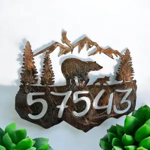 Custom Mountain Address Sign 57543 - Durable Weathered Copper Finish with Bear Design for Home Decor & All-Weather Durability