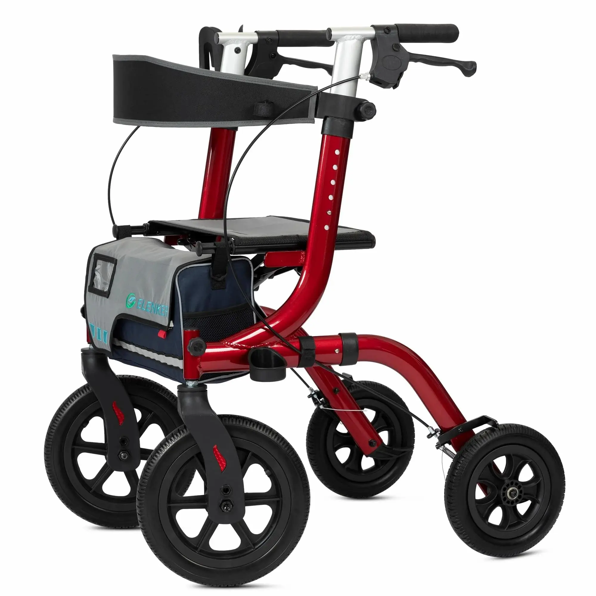 ELENKER All-Terrain Polyurethane Rollator Walker for Seniors & Adults, Portable Foldable Outdoor Rolling Walker with Seat, 12” Non-Pneumatic Front Wheels, Shock-Absorbing, Compact Design, Convenience Cup Holder, HFK-9210KDB Model