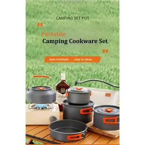 Portable Camping Cookware Set - Compact, Heat-Resistant, Space-Saving Gear with Foldable Handle Medium Pots & Pan, Lightweight Set for Hiking & Backpacking