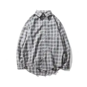 Men's Blue Grid Plaid Long Sleeve Flannel Shirt for Autumn Loose Fit Student Style Rock Style Korean Trend Top Casual Menswear