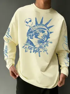 Oversized Distressed Statue of Liberty Graphic Long Sleeve Shirt | Comfy Drop Shoulder New York Streetwear for Men | Perfect for School, Hangouts & Everyday Fall Outfits