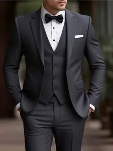 Elegant Men'S 3pcs Suit - Slim Fit Tuxedo Set for Weddings & Formal Occasions, Black Suit with White Shirt & Pants, Perfect for Office Meetings and Elegant Events, Formal Attire|Slim Fit Suit|Durable Wedding Wea