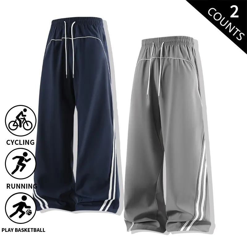 2-Pack Men’s Wide-Leg Track Pants, Casual Elastic Waist Drawstring Sweatpants, Striped Loose-Fit Pants, Quick-Dry Lightweight Athletic Pants for Running, Basketball, Cycling, Workouts, Streetwear, Men’s Baggy Pants with Pockets, Casual Lounge Pants for Me