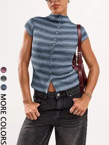 Women Casual Striped Polo Collar Short Sleeve Button Front T-Shirt