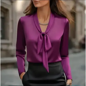 Women's Elegant Satin Blouse, Long Sleeve Button Down Shirt With Ribbon Detail For Office Work # Fyp. # viral # foryou # tiktokmademebuyit # makeup # foodtok # homegoods # trendingvideo. # obsessed. # economy