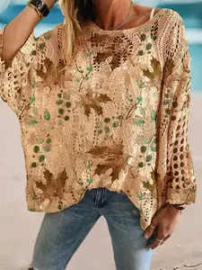 Women's Summer Knit Top, One Shoulder Hollow Out Batwing Sleeve, Leaf Print Long Sleeve, Boho Style, Bohemian, Casual Elegance, Vacation Wear, Womenswear, Casual Classy Top