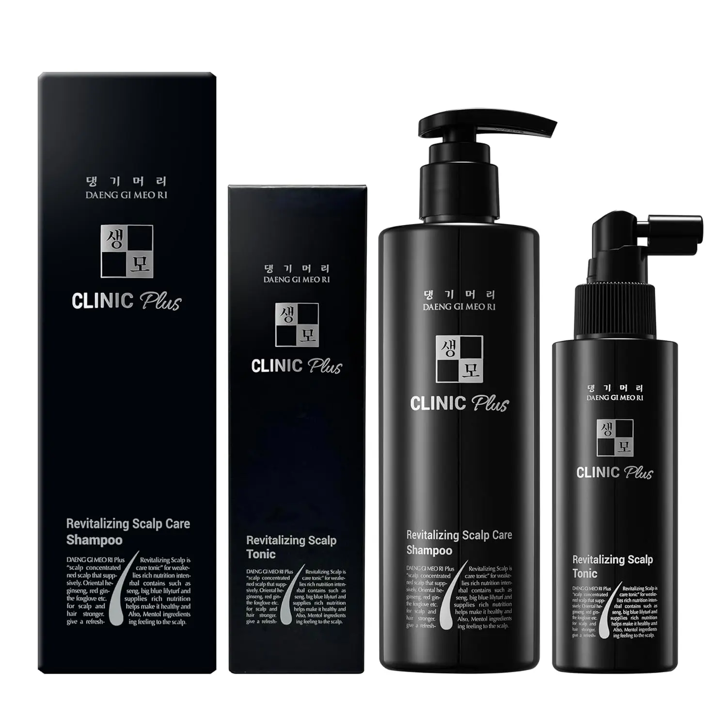 Daeng Gi Meo Ri Clinic Plus Revitalizing Shampoo & Tonic Multi-Pack - Korean-Made Gentle Herbal Ginseng Anti-Hair Loss Haircare Cleanser for Adult Scalp Health, Silky Strands, All Hair Types, Cleansing