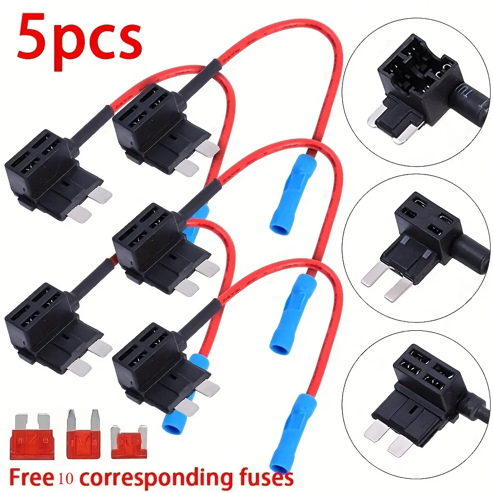 12V Add-a-Circuit Fuse Adapter 5/10-Pack - 3-Type Holders with Standard, Mini TAP Blade Fuses (Red) for Dashcams, Car Players, Vehicle Accessories