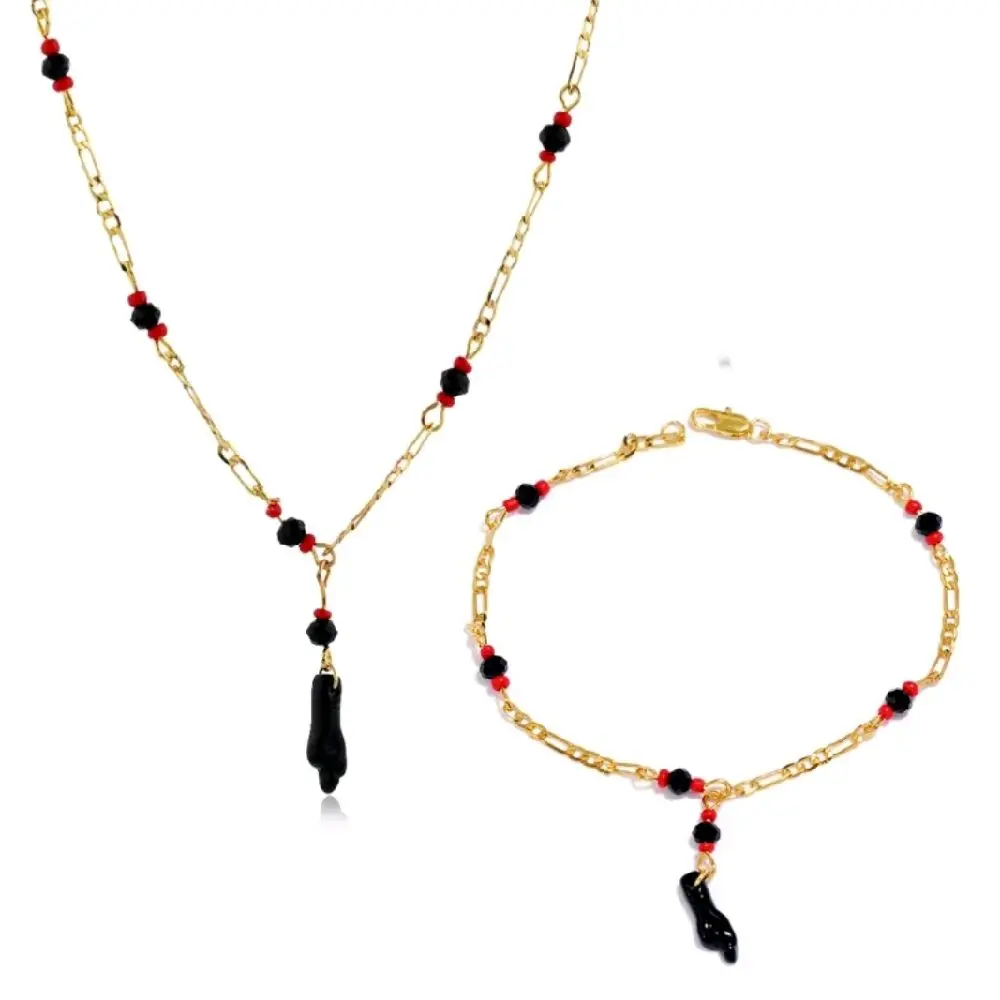 Necklace or  Bracelet Stainless Steel 18K Gold Plated Hand Azabache for Protection Beautiful Red and Black Beads