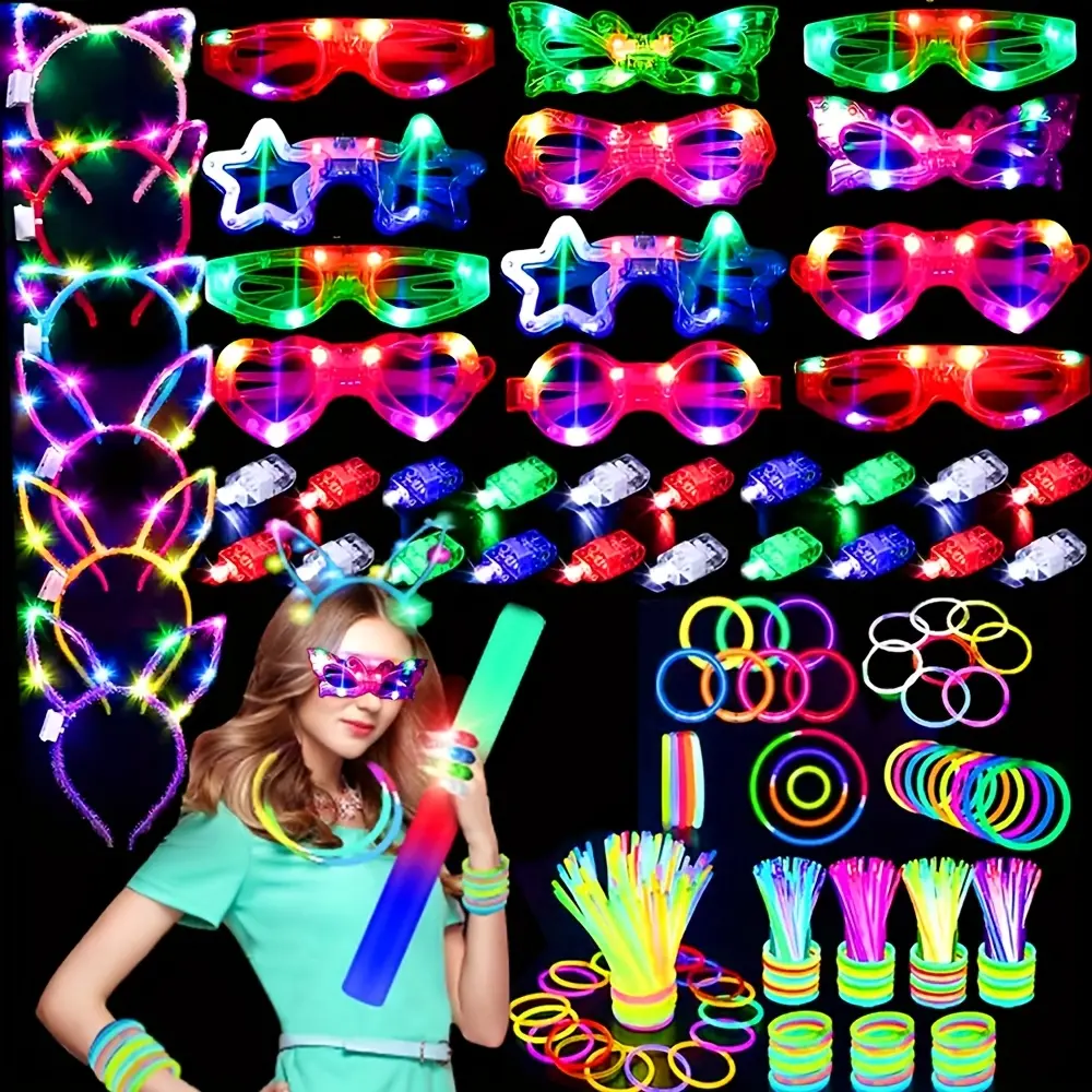 MICRENCY Unisex Plastic Party & Festival Gift Pack - 138 Supplies: 12 Sparkling Glasses, 6 Light-Up Headbands, 20 LED Finger Lights, 100 Glow-in-the-Dark Sticks for Bonfire, Party Decor, Weddings