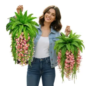 4PCS Large Boston Fern and Persian Morning Glory Hanging Plant Arrangement, Suitable for Outdoor Use - Modern Wedding Garden Decor | Garden and Courtyard Decor, Low-Maintenance - Perfect for Spring, Indoor/Outdoor Artificial Flower Decor,