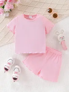 Girls' Striped Short Sleeve Shorts Set, Outfit, Gift Sets, Soft Ribbed Fabric, Sweet Fresh Style, Comfortable Breathable, Suitable for 1-5 Years