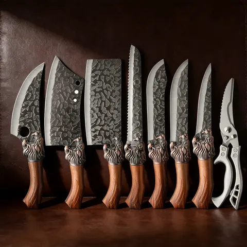8-Piece Classic Durable Hammered Retro Forged Kitchen Knives Set - Chef-Grade Cutting Tools with Sheath, Scissors, Bone Cleaver, Prep Bones & Meat, Everyday Use Home Kitchen Accessories, Halloween Gift