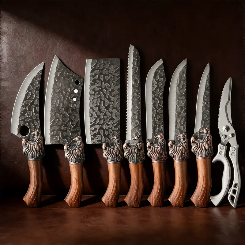 8-Piece Classic Durable Hammered Retro Forged Kitchen Knives Set - Chef-Grade Cutting Tools with Sheath, Scissors, Bone Cleaver, Prep Bones & Meat, Everyday Use Home Kitchen Accessories, Halloween Gift
