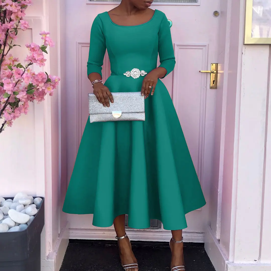 Women's Solid Emerald Green Square Neck 3/4 Sleeve Belted Crystal Embellished Midi Dress - Chic, Fit, Elegant Evening Formal Wear, Comfortable Basic-Style Clothes for Party, Wedding Guest Events,summervibes - TikTok Shop Women's Solid Emerald Green Square Neck 3/4 Sleeve Belted Crystal Embellished Midi Dress - Chic, Fit, Elegant Evening Formal Wear, Comfortable Basic-Style Clothes for Party, Wedding Guest Events,summervibes - TikTok Shop