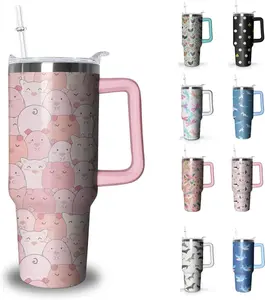 Pig Tumbler with Handle and Straw, 40 oz Stainless Steel Pink Insulated Cup with Lid and Straw,Travel Coffee Mug Water Bottle, Birthday Christmas Mothers Day Gifts for Animal Lovers Women