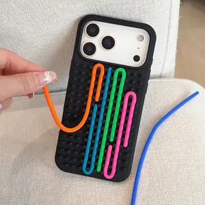 1pcs DIY Colorful Maze Stress Relief Silicone Case, Includes Random 5 Colorful String, Fits iPhone 13/14/15/16/17 Pro/pro Max, Fun Gift