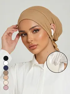 Women's Plain Color Earhole Hijab Cap, Lightweight Elastic Headband, Breathable Turban Scarf, Fashionable Minimalist Design, All Seasons