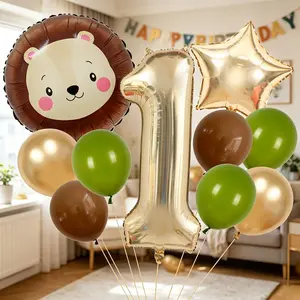 12-Piece Forest Lion Theme Birthday Balloons Set, Includes Numbers, Stars, Lions Head, Latex and Metal Balloons, Perfect for Kids Parties