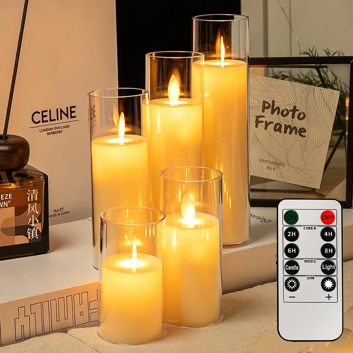 5‑Pack Flameless LED Candles with Remote Control, Battery‑Operated Flickering Pillar Candles with Glass Holder, Timer & Dimmable, Electric Night Light Candles for Home Wedding Party Bedroom Table Decor