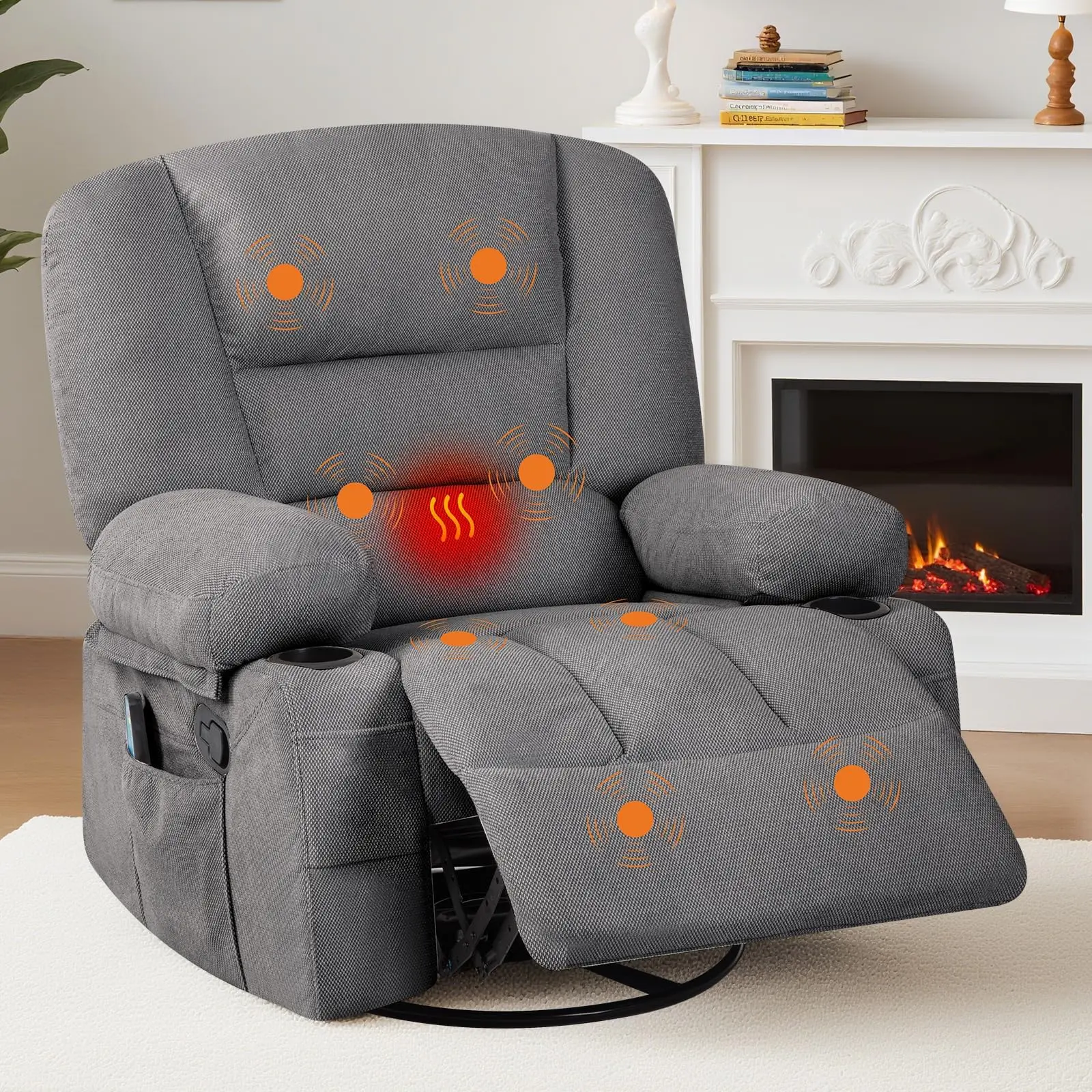 Garvee 360° Swivel Recliner Chair with Vibration Massage and Heating, Plush Chenille Upholstery, Storage Armrest, Cup Holder, Remote Control - Ideal for Living Room, Bedroom, Home Theater in Grey