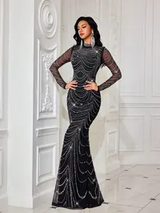 Elegant Long Sleeve Sequined Mermaid Evening Gown, Formal Wear, Luxurious Lady Style Slimming Fit, Rhinestone Flowing Design, Party Ballroom Wear