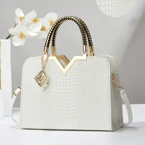 [Crocodile Pattern Tote] White Large Capacity Crocodile Pattern Tote Bag, Fashion Women's Handbag with Zipper Closure and Polyester Lining Satchel Purses brand name handbags handbags purses handbags everyday bags unique bags