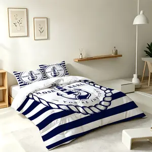2/3-Piece Nautical Anchor Comforter Set, Navy Blue Anchor Bedding Set, Geometric Blue Stripes, Vintage Ocean Adventure Theme Room Decor, Soft Duvet with Insert, Perfect for Boats, Boat Owners, Boys, Teens, and Adults