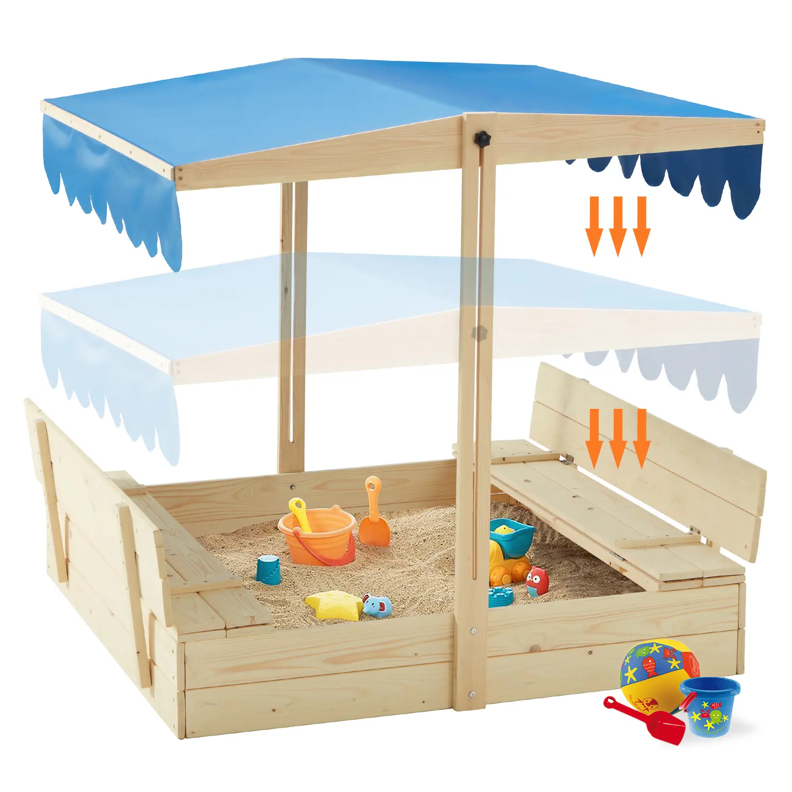 EROMMY Wooden Kids Sandbox Toy with Lid, Height-Adjustable Canopy, Foldable Benches, Sand Protection Liner, Sun Protection for 3-8 Year Olds Backyard Lawn Kids Outdoor Playarea