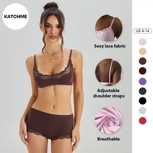 Katch Me COZY Women's Elegant Spaghetti Strap Lace Trim Wirefree High Stretch U-Neck Bralette & Panties Set, Basic Skin-Friendly Underwear Set, Lace Series Breathable Two Piece Sets