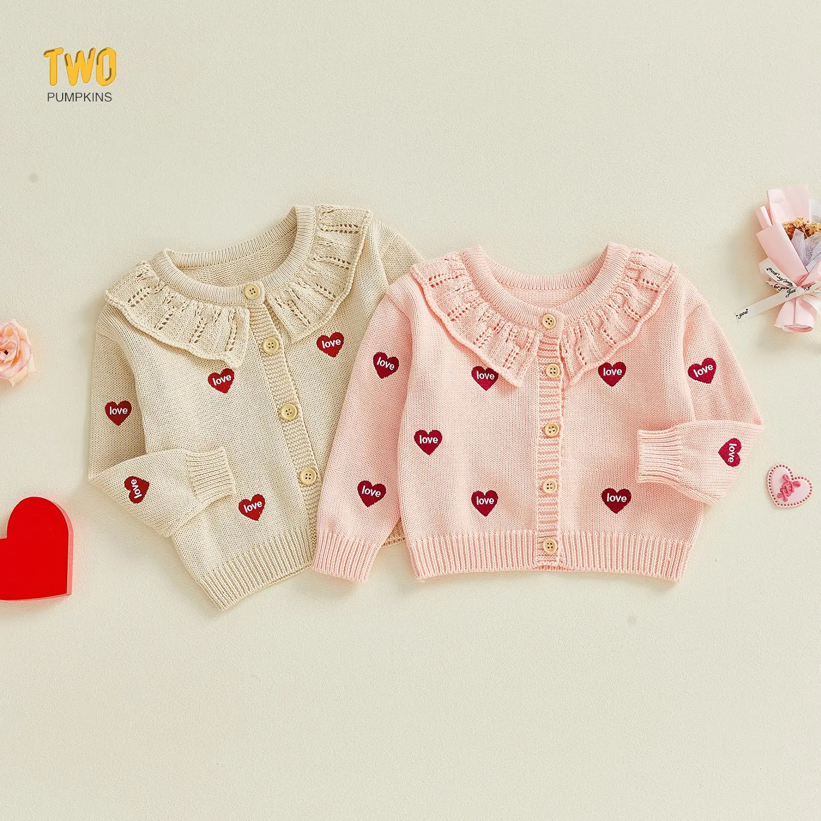 Toddler Girl Fall Winter Soft Cotton Cardigan Sweater Heart Letters Embroidery Crew Neck Long Sleeve Full Button Down Knit Coat