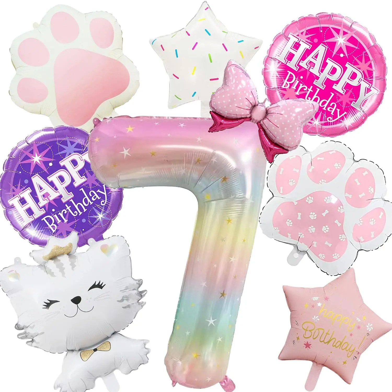9Pcs Pink Cat Birthday Balloon Set For Pet Theme Party Decorations | Includes 40" Number 7 Balloon, Happy Birthday Balloon, Cat Paw, Cat Balloons & Star Balloons For Cartoon Cat Birthday Decor