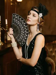 1920s Gatsby Vintage 5-Piece Jewelry Set, Feather Headband, Rhinestone Earrings, Pearl Bracelet, Long Pearl Necklace, Rhinestone Fan