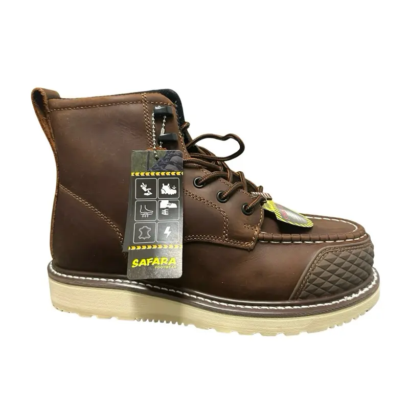 Men's Full Grain Leather Waterproof Steel Toe Work Shoe, Closed Design, Padded Non-Slip Wedge Outsole, Safara Construction Worker Footwear