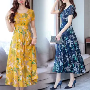 CHENGDEFA Shortsleeve Summer Dress Women's Short Sleeve Temperament Commute Slim Floral round Neck Large Swing Overknee Dress Casual Womenswear Comfort Crewneck vacation dresses summer outfits Fitted Bohemian Gifts  Gifts
