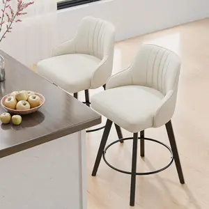 VINGLI 26" H Swivel Barstools Set of 2, Linen Fabric Upholstered Counter Stool with Back, Kitchen High Chairs Counter Height Bar stools with Cushion, Solid Wood Legs, Beige