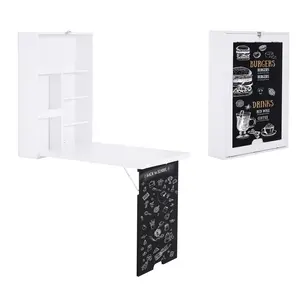 Wall-mounted foldable floating desk fitted with blackboard and storage shelves features multi-grid storage design for easy folding storage ideal for study and office use in small sized bedrooms