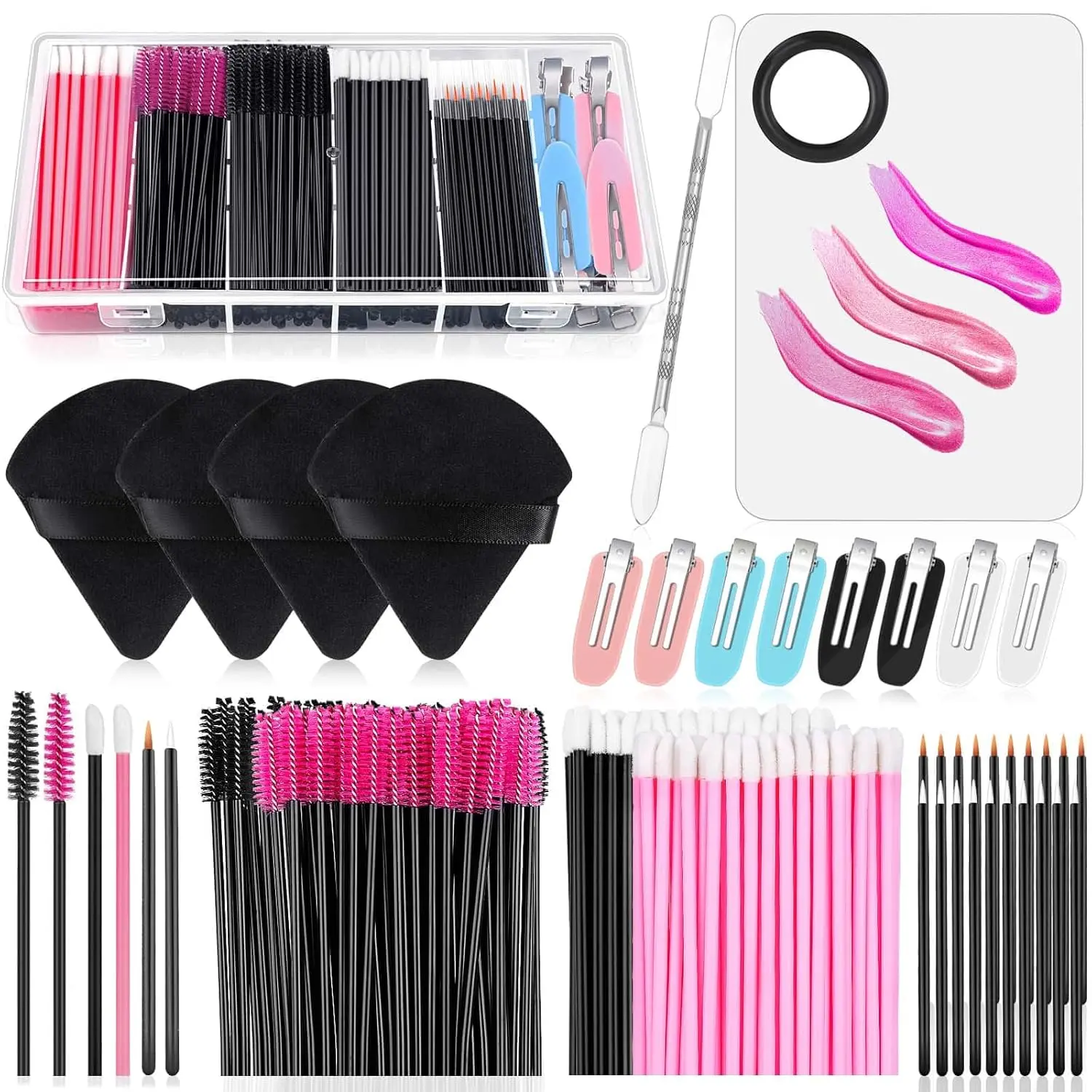 Disposable Makeup Applicators Kit with Storage Box, Mascara Wands, Lip Brushes, Triangle Powder Puffs & Mixing Palette, Professional Makeup Artist Supplies, Hygienic Beauty Tools for Face, Lashes & Salon Use