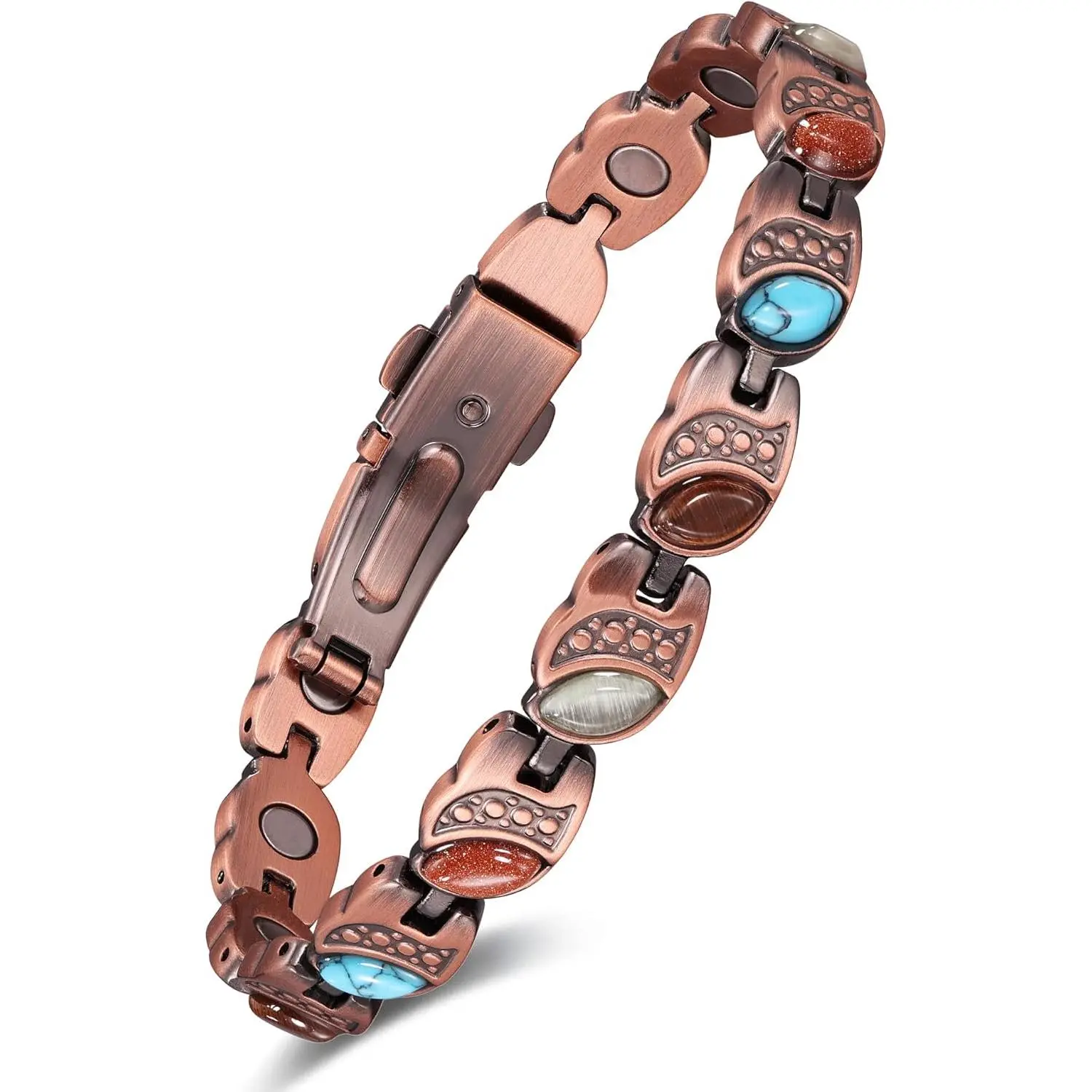 Feraco Pure Copper Bracelets for Women,Ultra Strength Magnetic Bracelet with 3800 Gauss Magnets & Natural Turquoise & Stones Boho Style Bangles