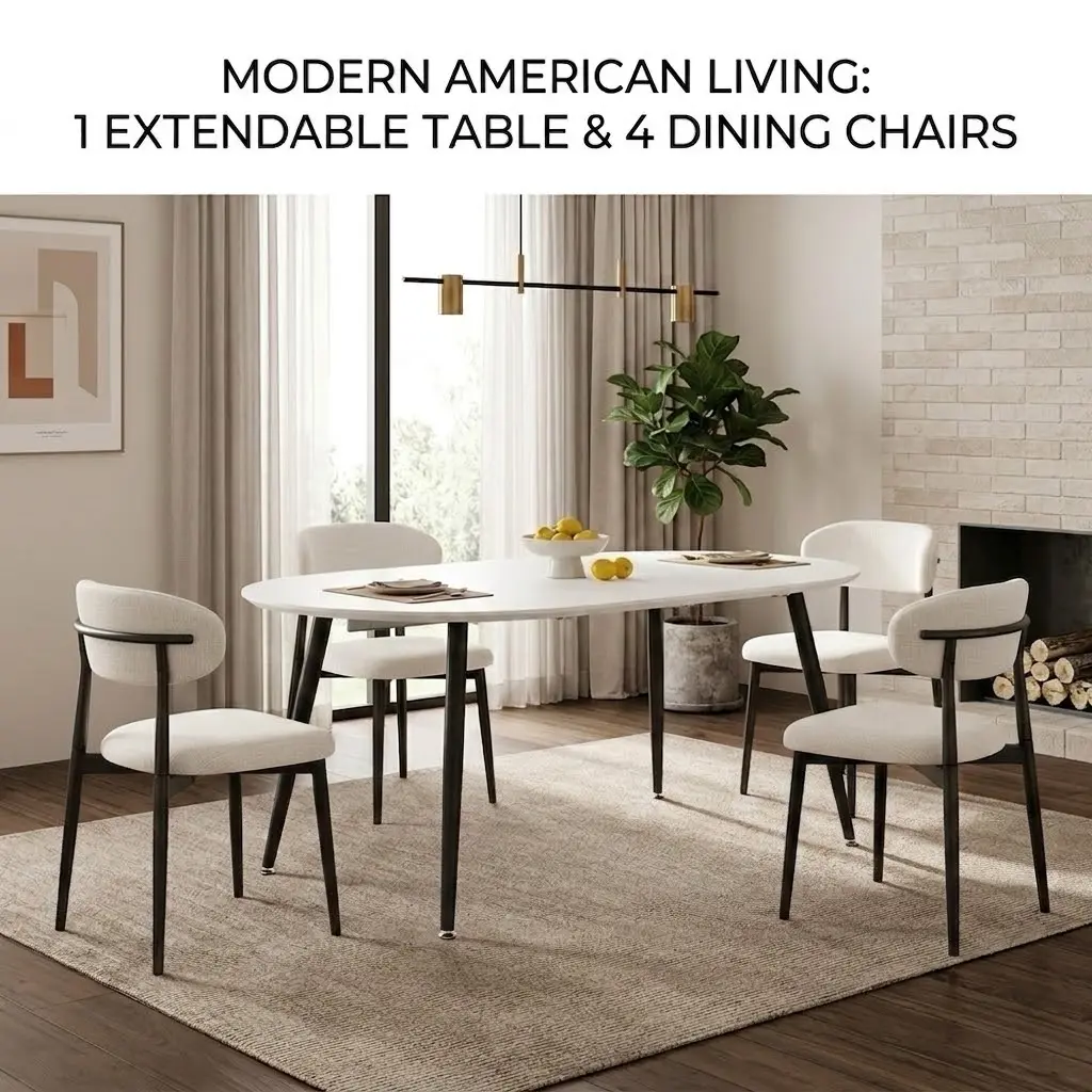 Modern 5-Piece Extendable Round MDF & Metal Table Set, White MDF Table with Black Metal Legs, 4 Beige Fabric Upholstered Chairs, Space-Saving, Easy Assembly for Kitchen Dining Room (Shipped in 3 Packages)