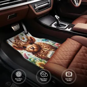 4pcs Highland Cow in Flowers Pattern Car Floor Mats - Car Accessories Women, Car Interior Accessory, Stylish & Durable, Stain-resistant, Anti-slip, Easy Clean, Universal Fit for All Vehicles, Front & Rear Seats Floor Mats
