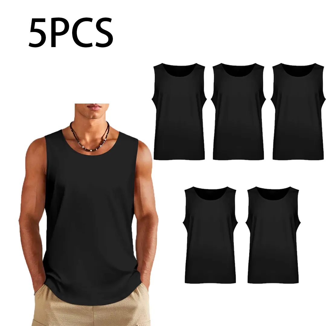 Men's Cotton 5-Pack Sleeveless Tank Tops, Solid Color Basic Crew Neck Athletic Undershirts, Breathable Daily Workout Tops streetwear outfit men vacation sport vest casual neck sleeveless beater shirt wife singlets