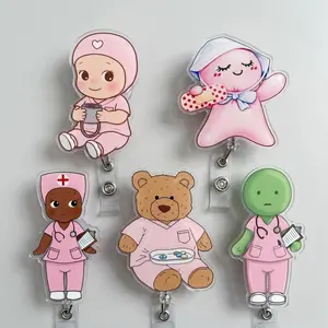 Cute Pink Nurse Badge Reel - Aesthetic Pink Medical ID Holder for Nurses, Doctors, & Healthcare Workers - Retractable Acrylic Badge Clip