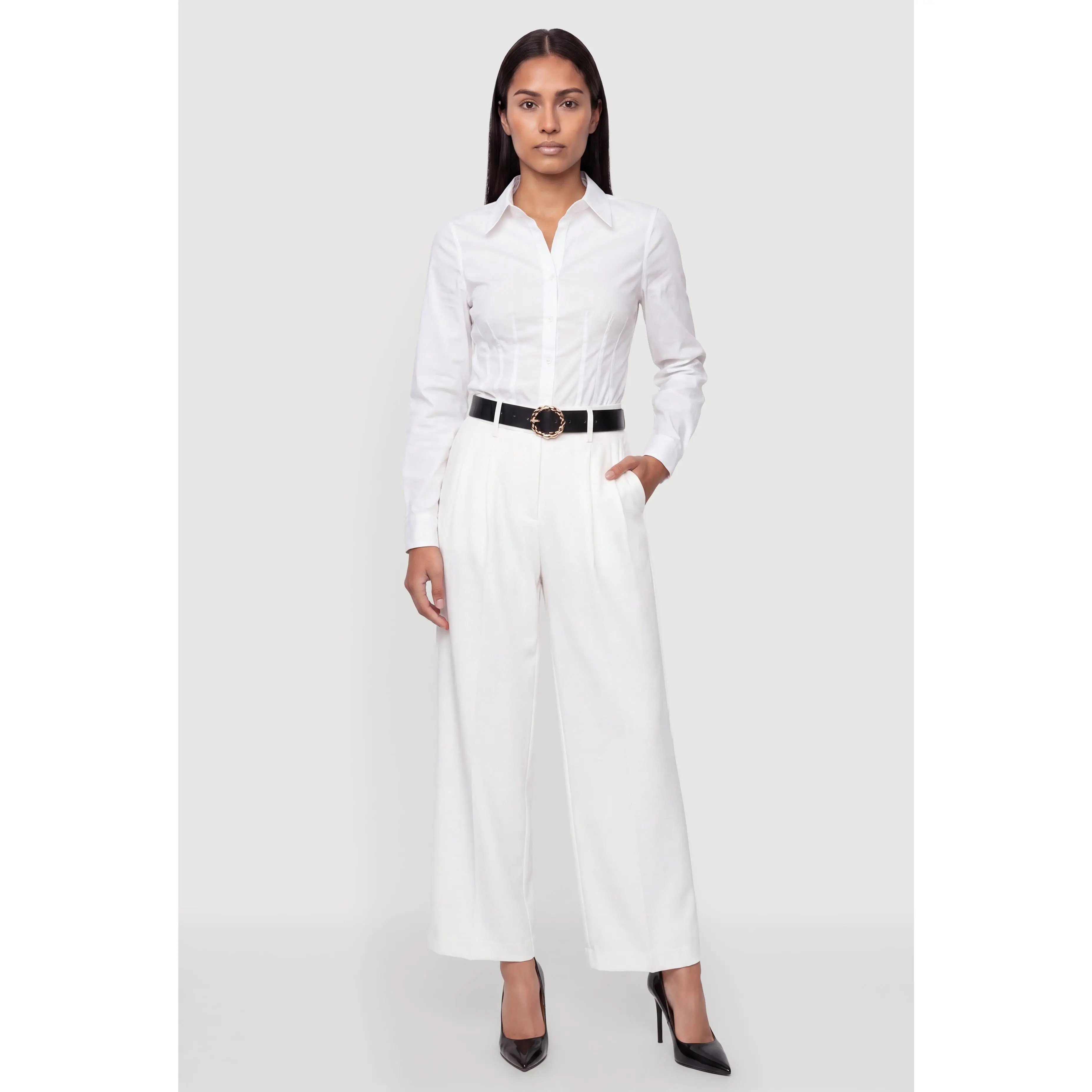 Poplin Long Sleeve Button Front Blouse