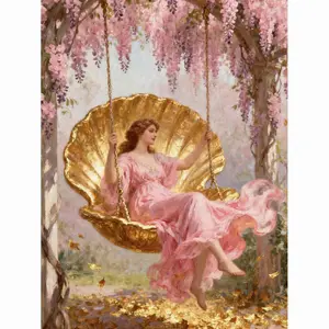 5D Full Drill Diamond Painting Kit - Elegant Fairy on Golden Shell Swing, Lush Wisteria Floral Garden Scene, Timeless Neoclassical Art Style, Round Acrylic Diamonds, Fantasy Themed DIY Art for Home Wall Decor, Ideal Gift for Art Fans & Craft Enthusiasts
